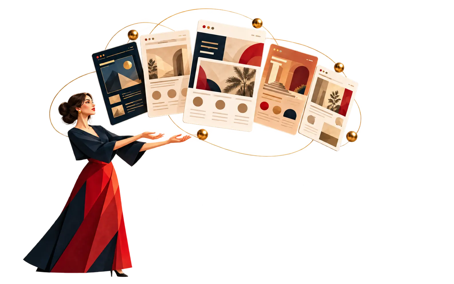 Bauhausowa ilustracja kobiety prezentującej projekty stron internetowych