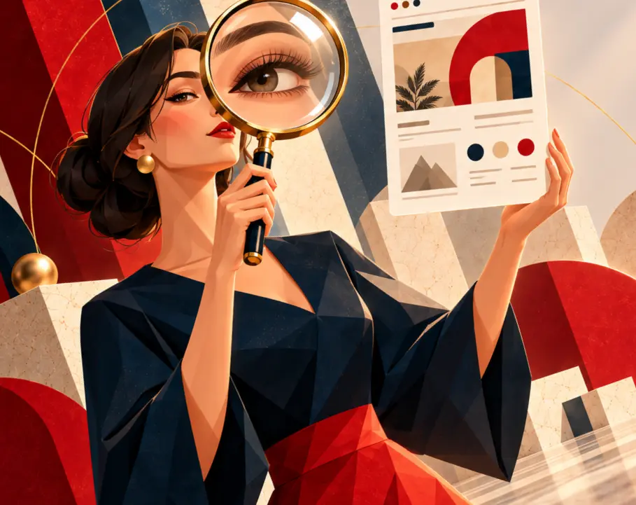 Bauhausowa ilustracja kobiety analizującej projekt strony internetowej przez lupę