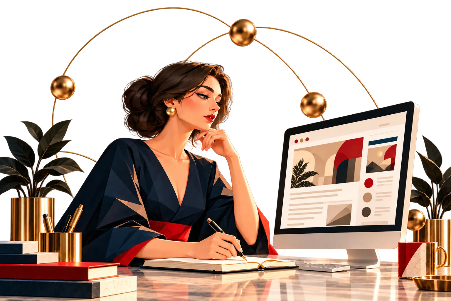 Ilustracja copywriterki pracującej przy biurku nad treścią strony internetowej