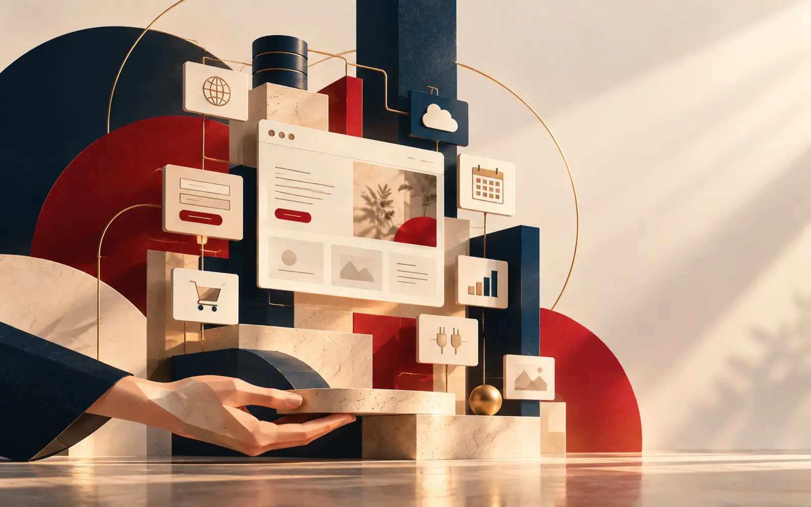 Kompozycja geometryczna z kartą strony internetowej i elementami interfejsu